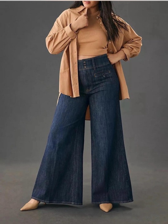Pilcro Denim - Pilcro Double Waist Wide-Leg High-Rise Dark Blue Trouser Jeans 25